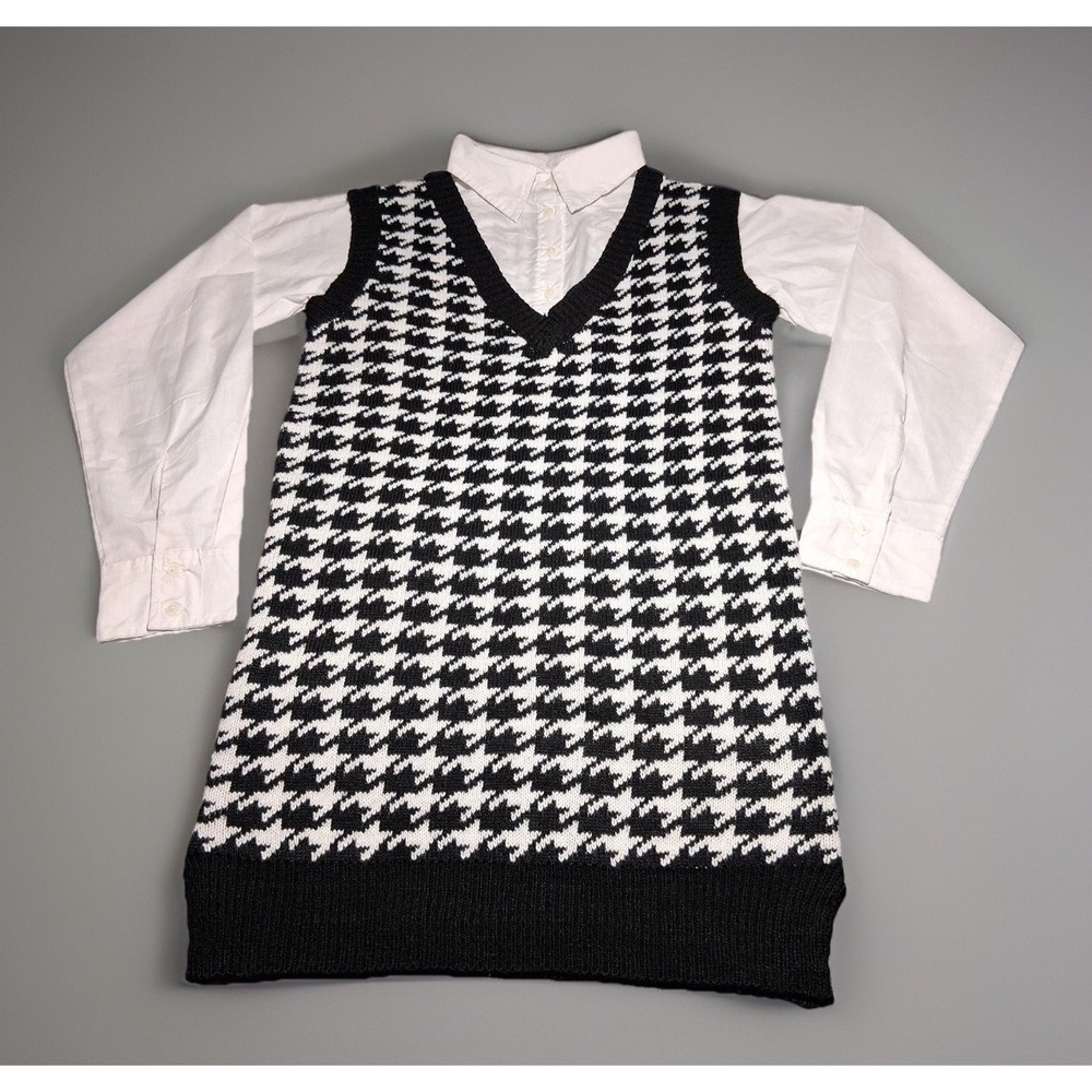 Heart & Heels Womens Houndstooth Knit Sweater Dress Layered Shirt Black White L
